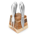 Yuming Factory Amazon Hot Sale 4 Small Stainless Steel Cheese Knives and Fork with Magnetic Acacia Wood Holder